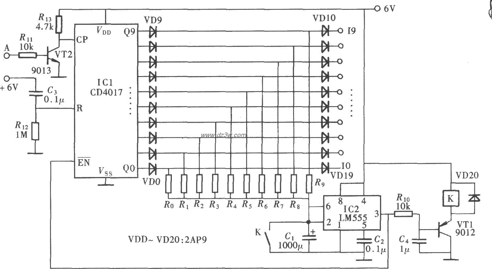 由CD4017、LM555构成的多电路图