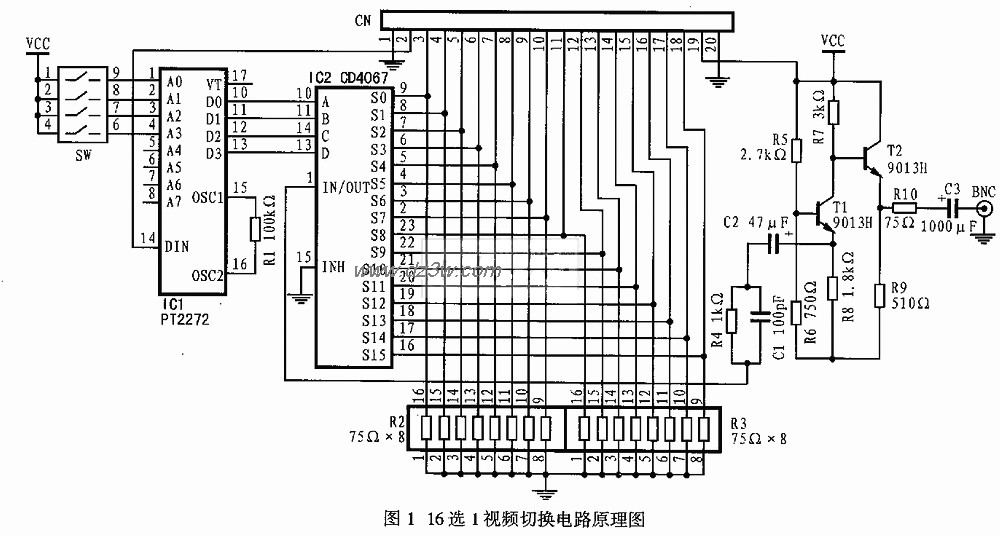 16选1视频切换电路原理图电路图
