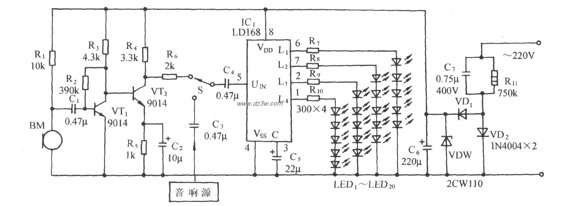 LD168音频压控闪光装饰控电路图