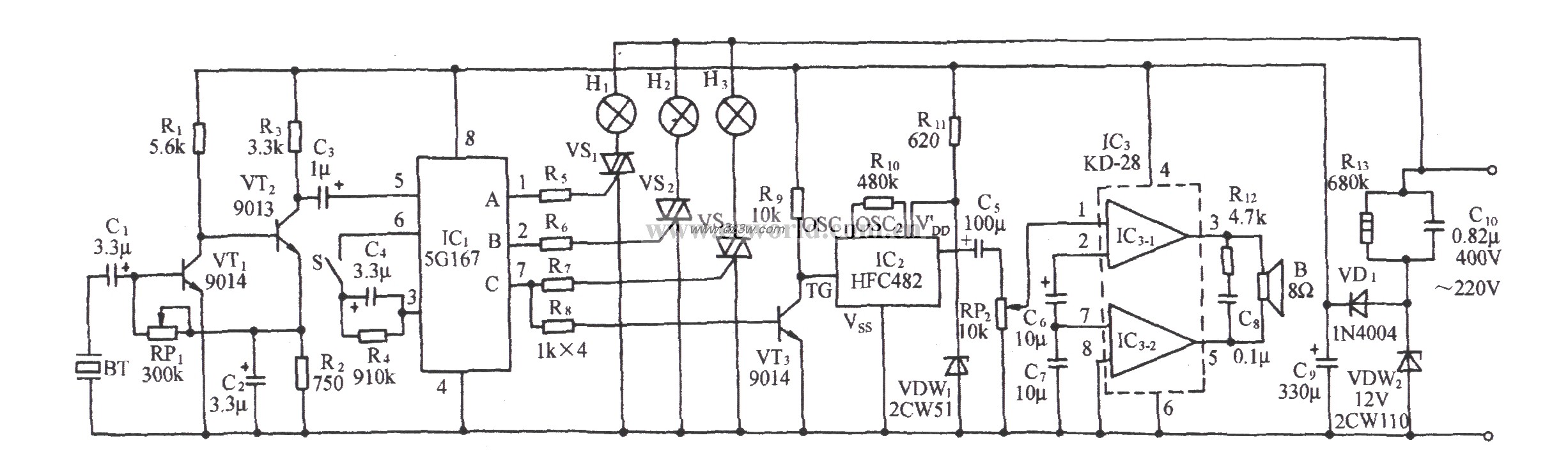 声控流水彩灯伴多首名曲电路图