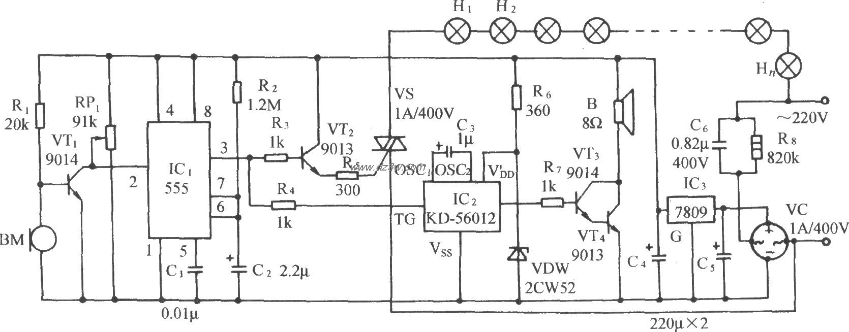 声控鸟鸣彩灯电路(555、电路图