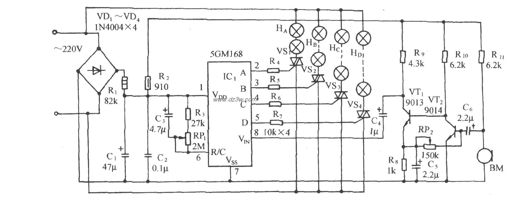 5GMl68音频压控节日彩灯电路图