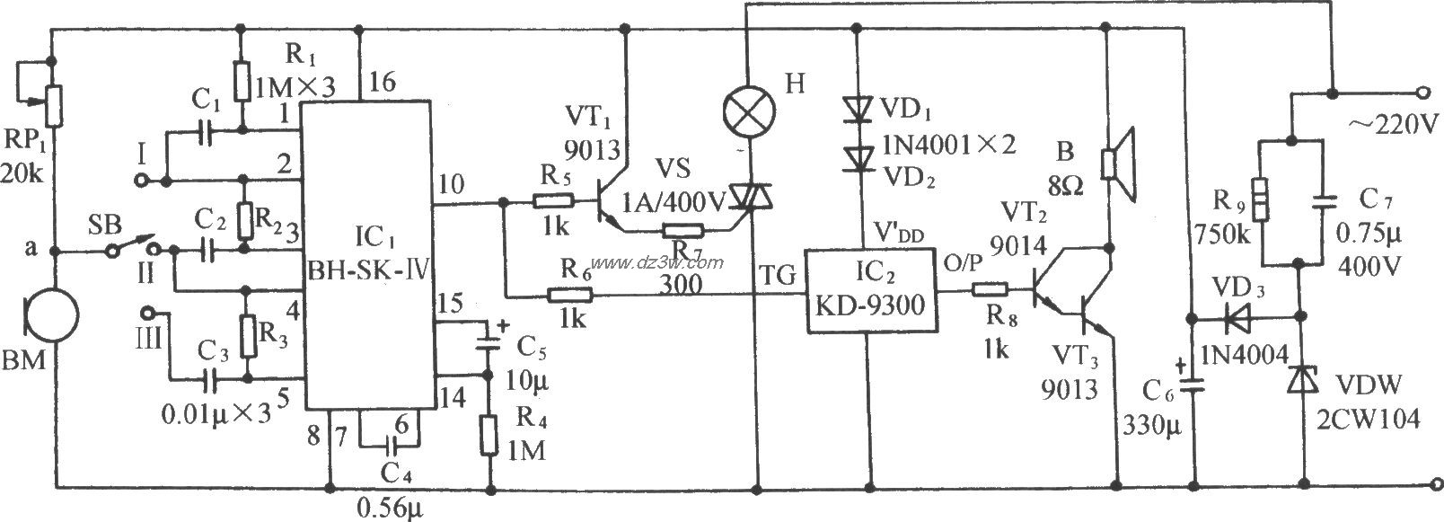 用SK-IV的声控自动照明灯电路图