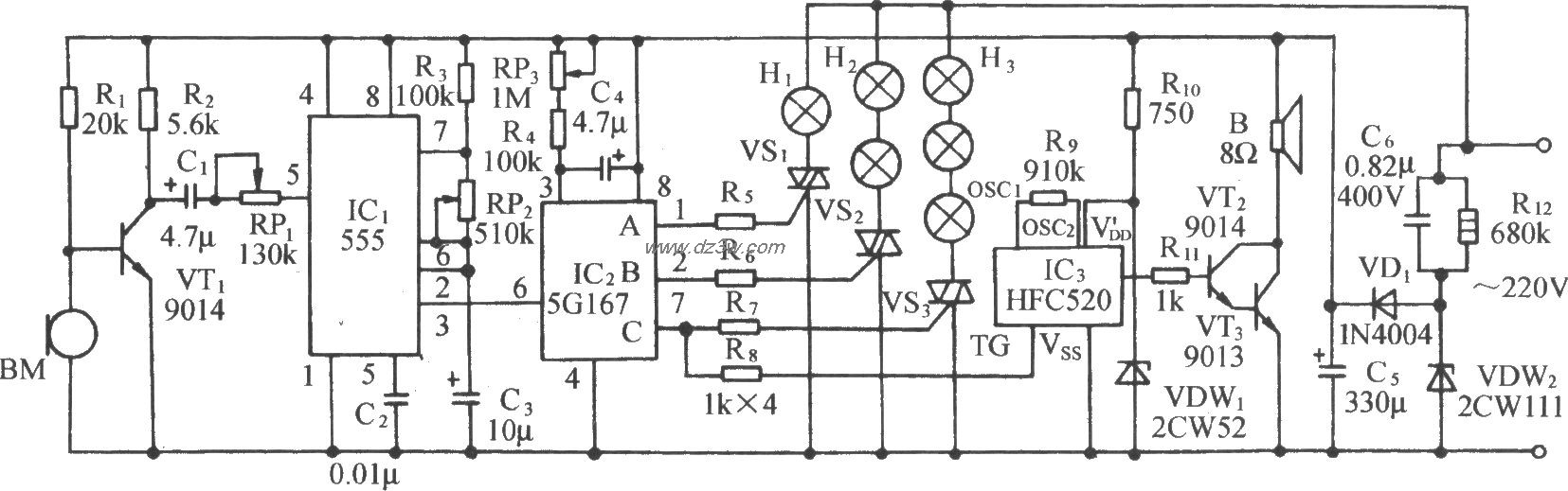 声控式双向流水彩灯伴海电路图