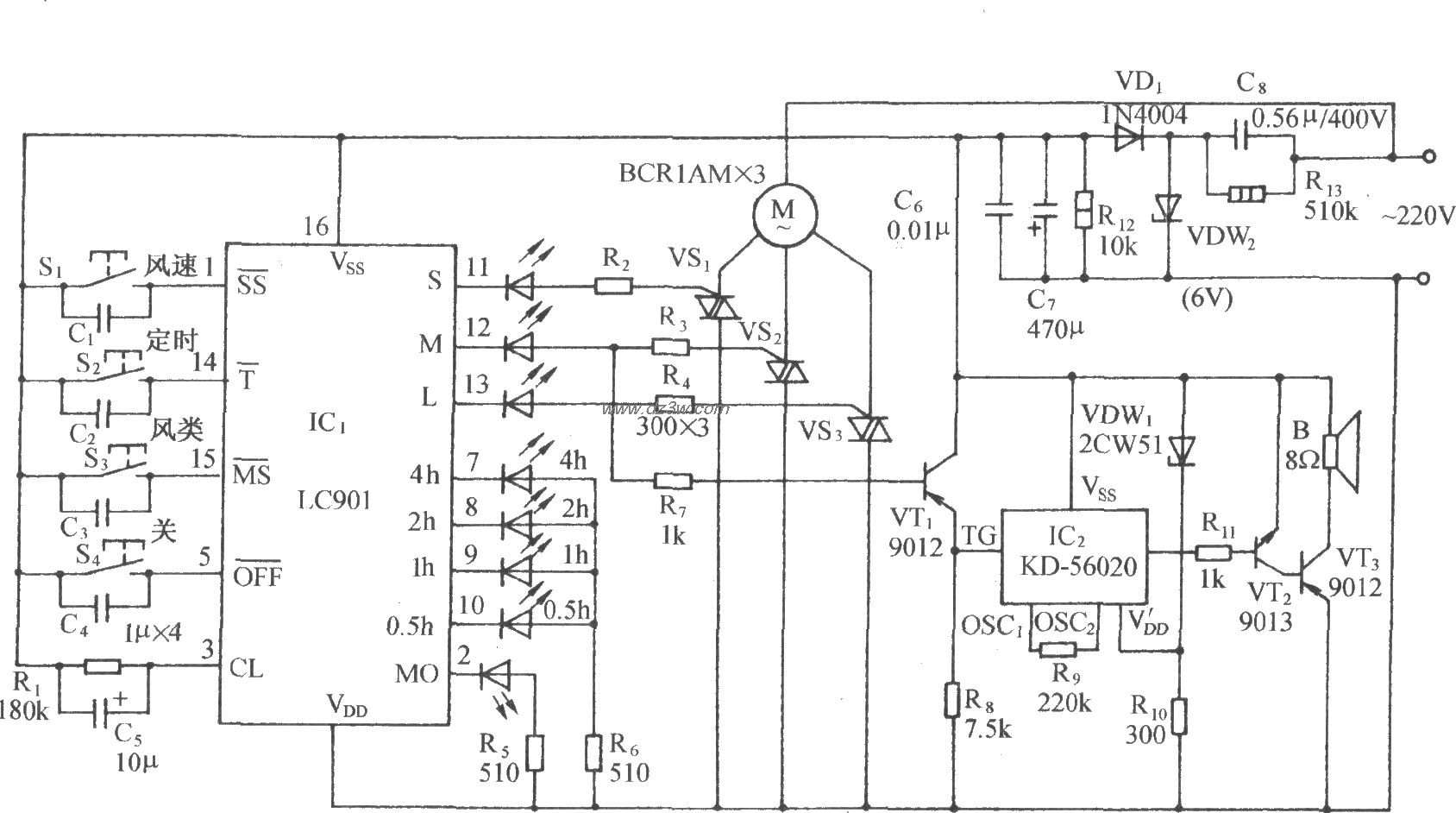 用LC901的多功能电风扇伴电路图