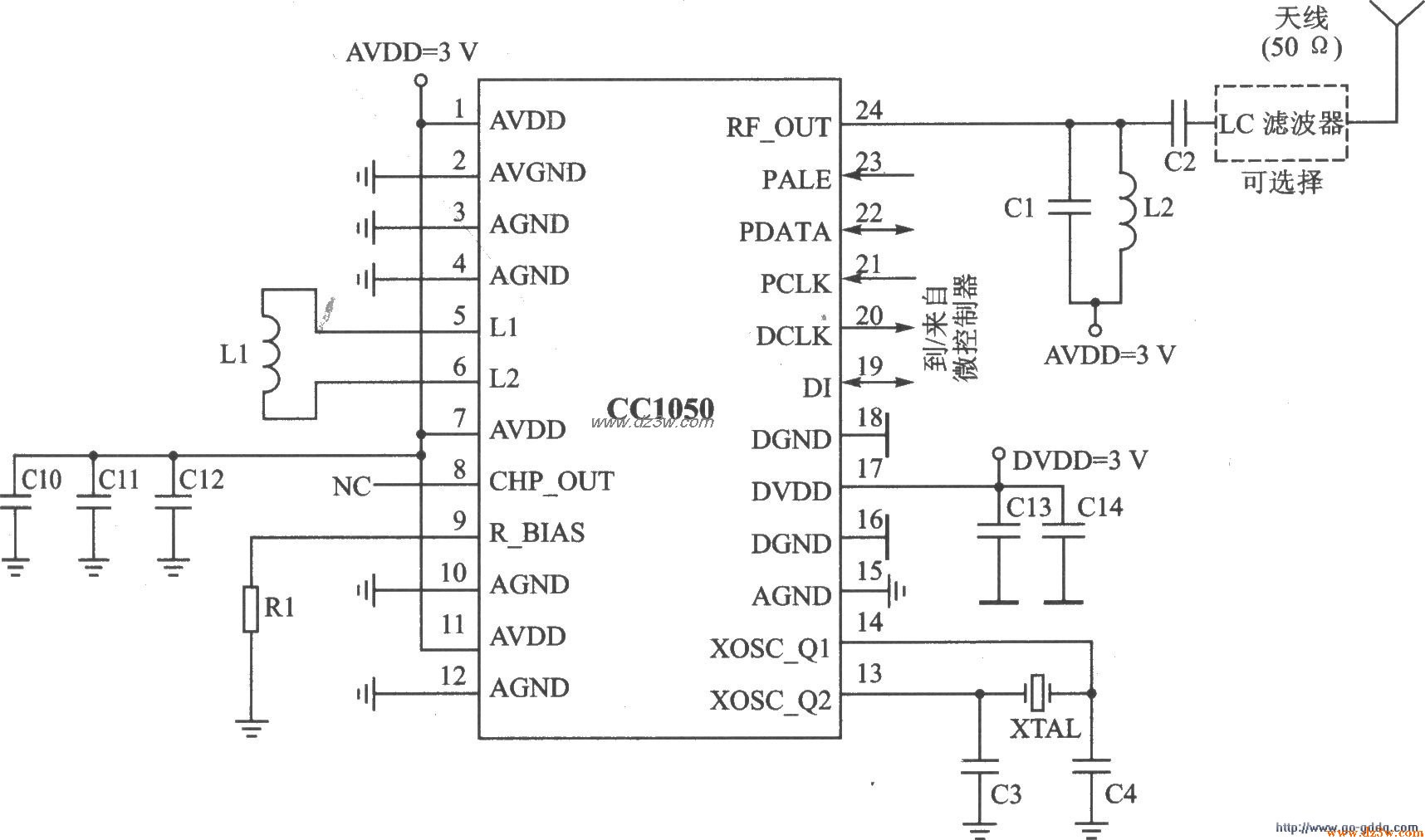 FSK低功耗发射器CCl050应电路图