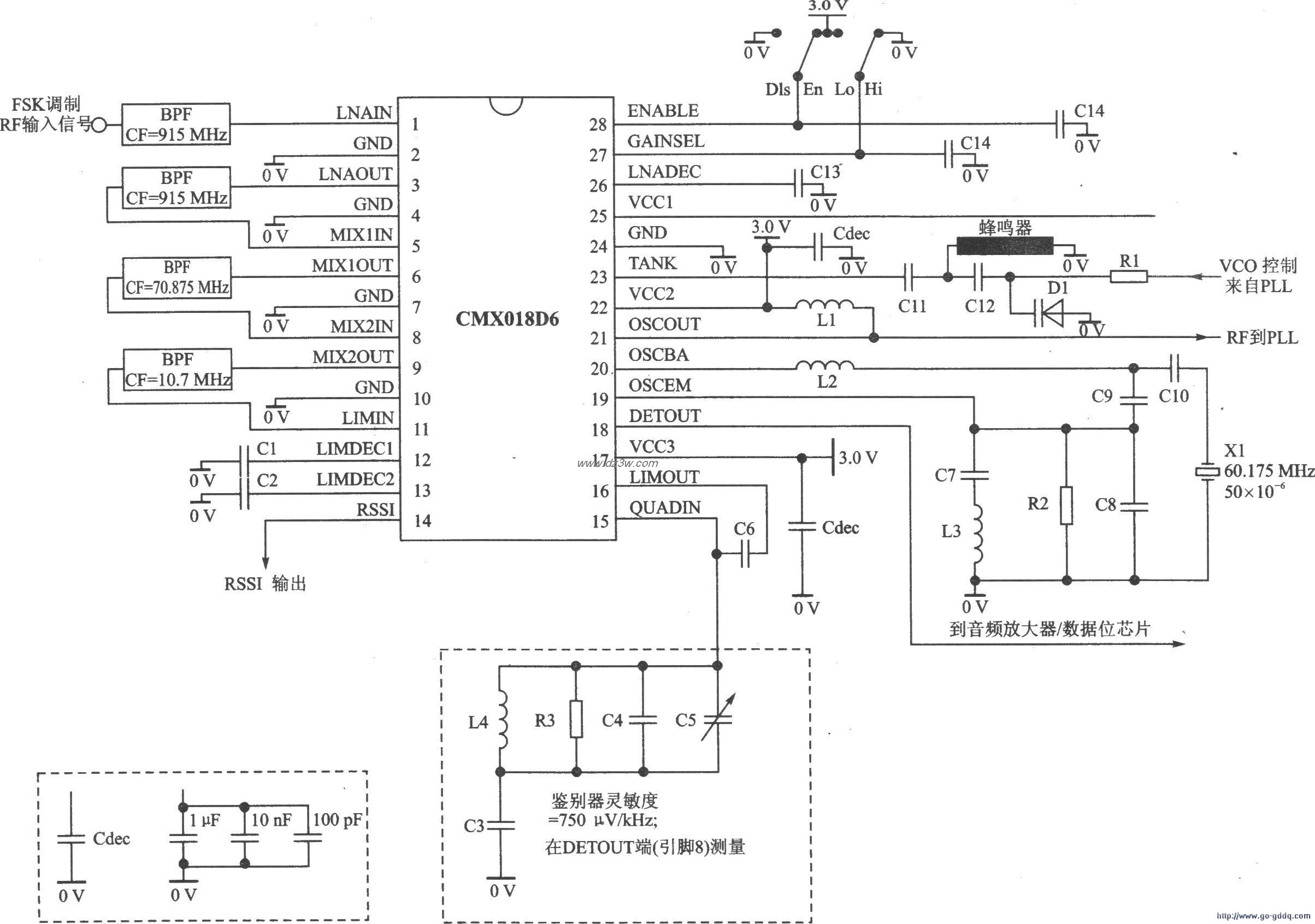 FM/FSK接收器CMX018应用电路图