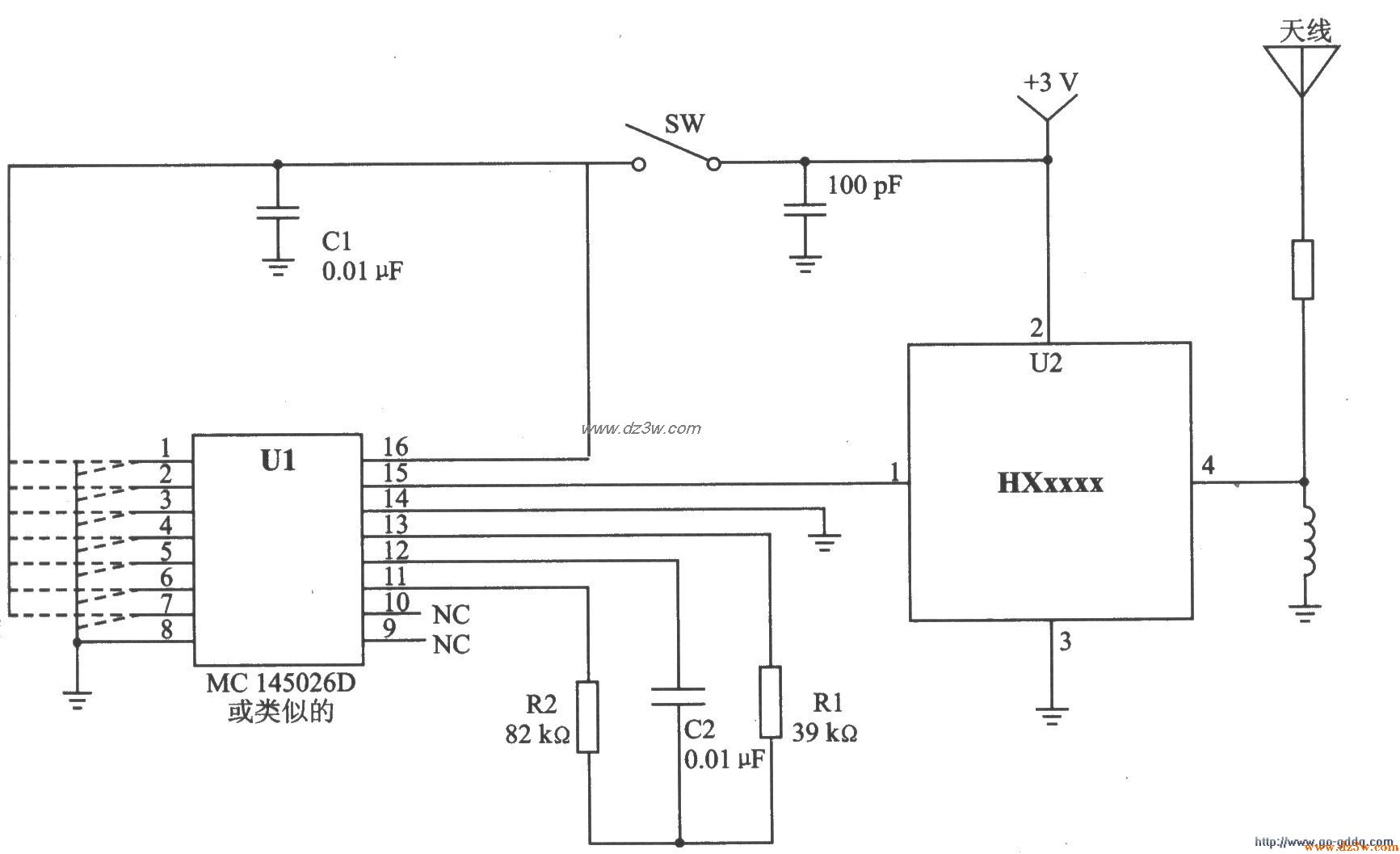 433.92 MHz微型发射器模电路图