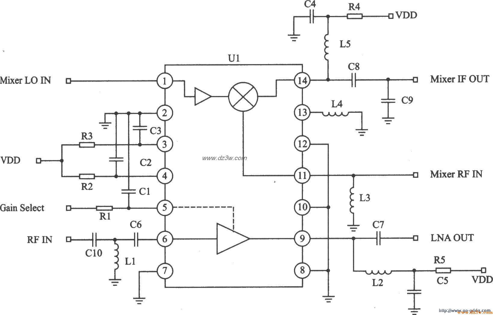 RF下变频接收器TQ9223C应电路图