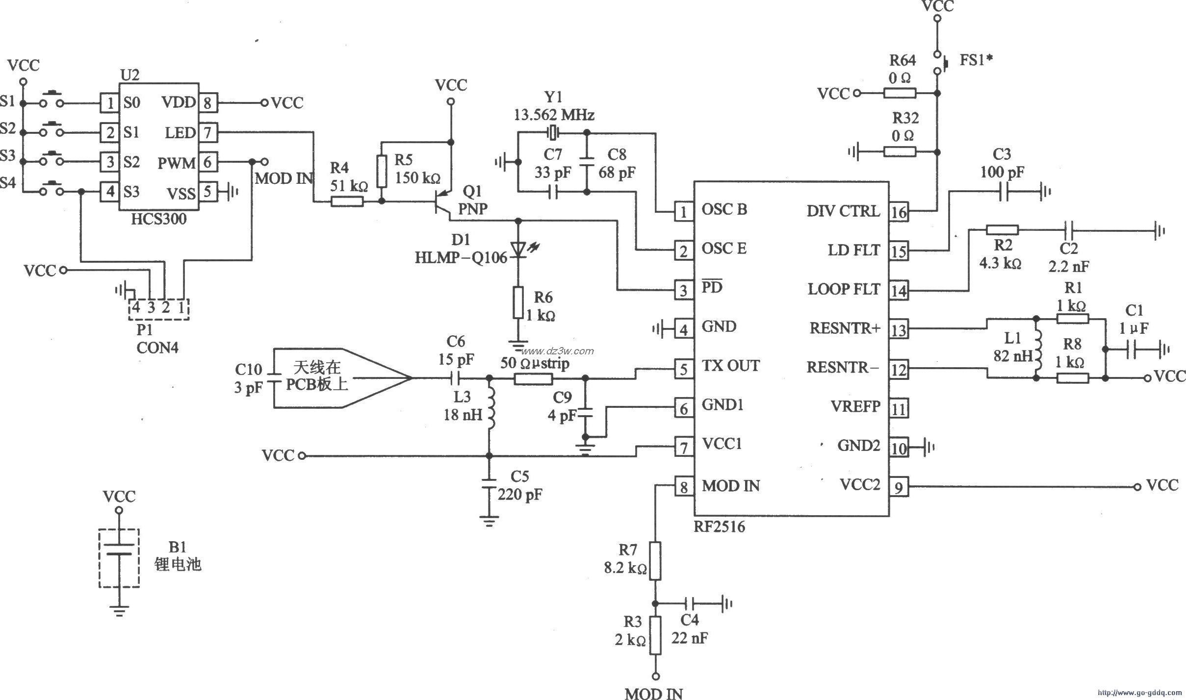 发射器模块DKl001T应用电电路图