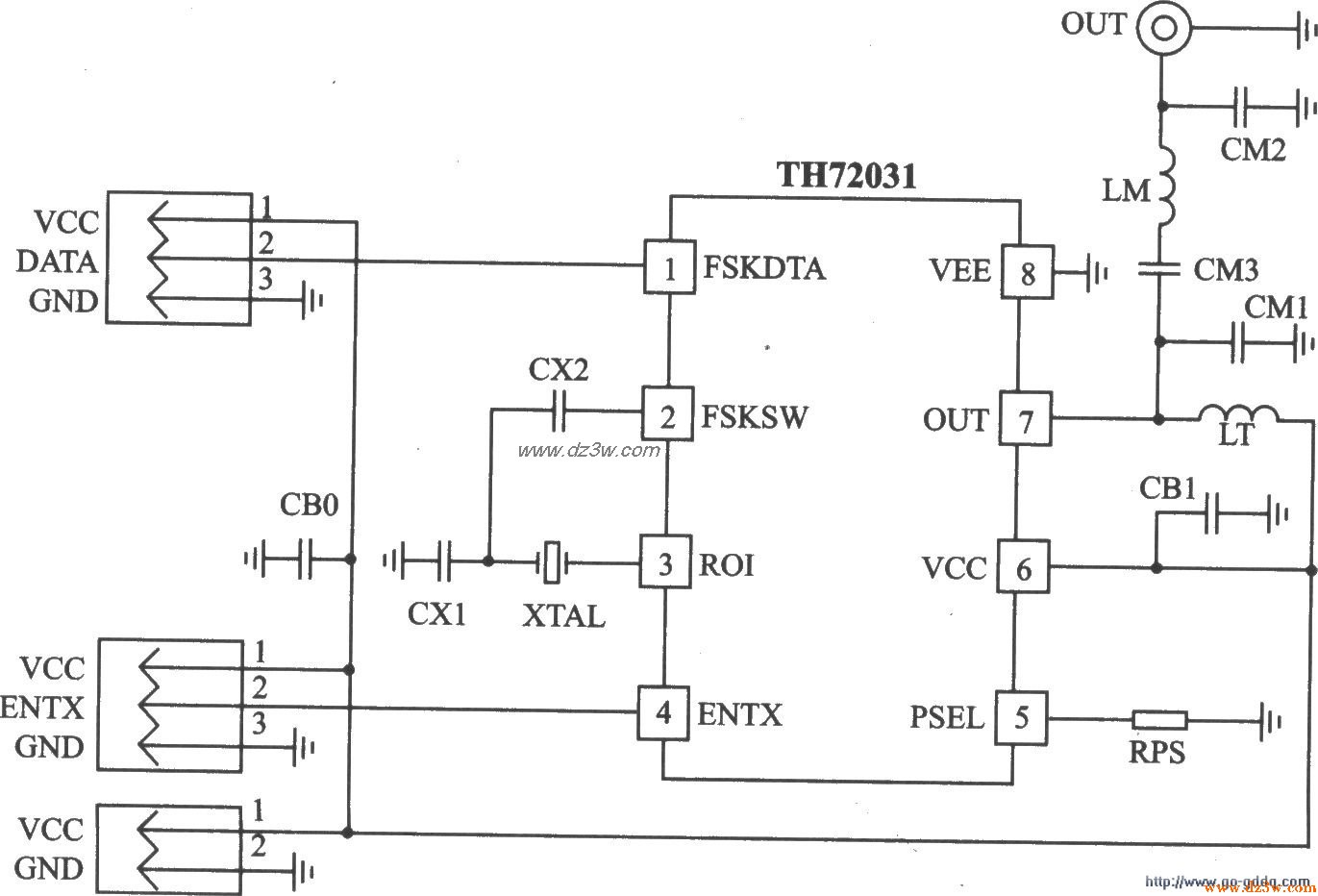FSK 915/868 MHz发射器T电路图