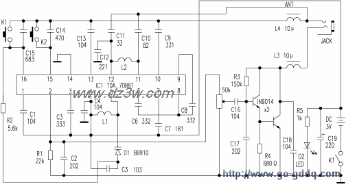 袖珍FM电调谐收音机电路电路图
