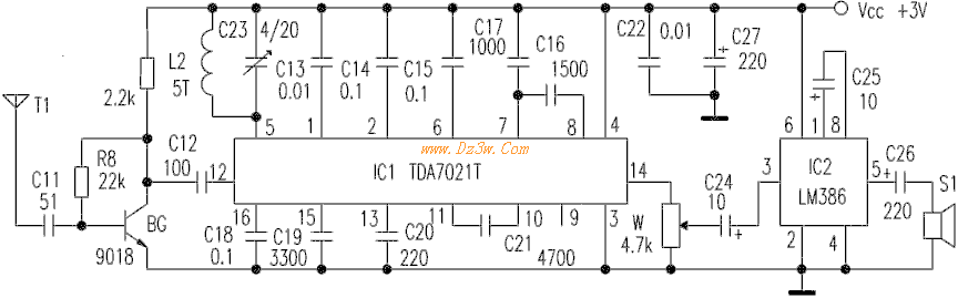 用TDA7021做的简易调频收电路图