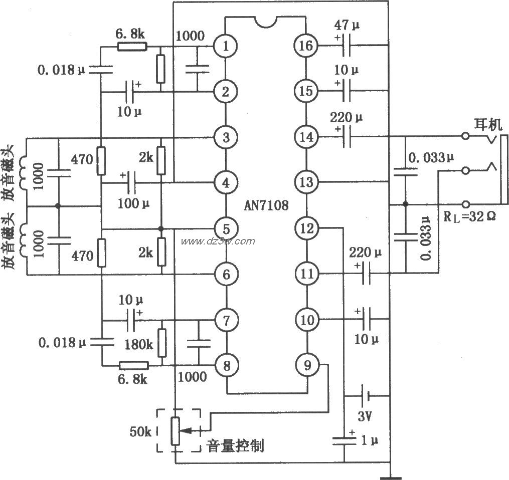 AN7108单片立体声放收音电路图