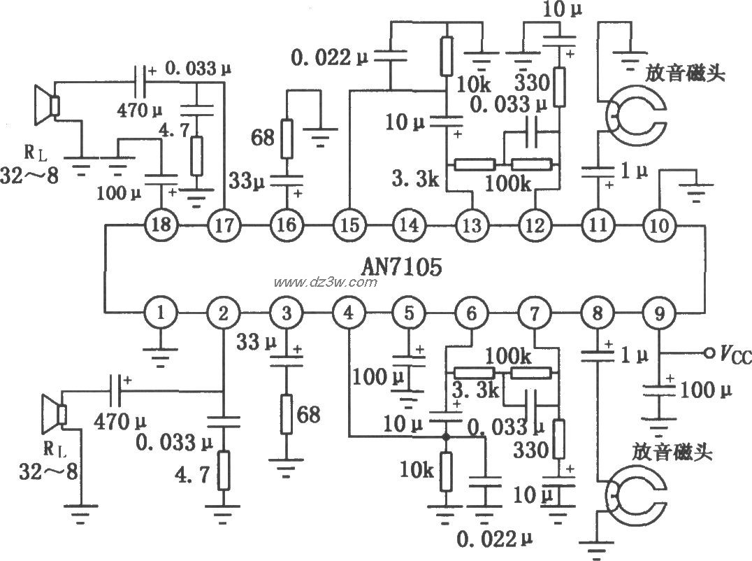 AN7105单片立体声放音机电路图