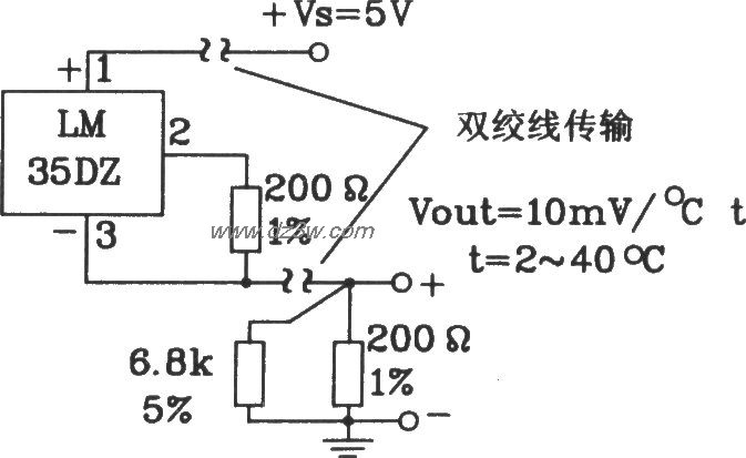 由LM35DZ摄氏温度传感器电路图