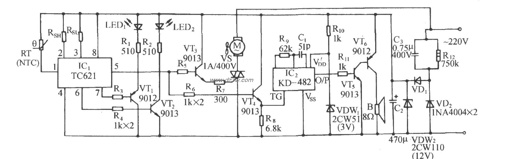 TC621温度传感通风降温控电路图