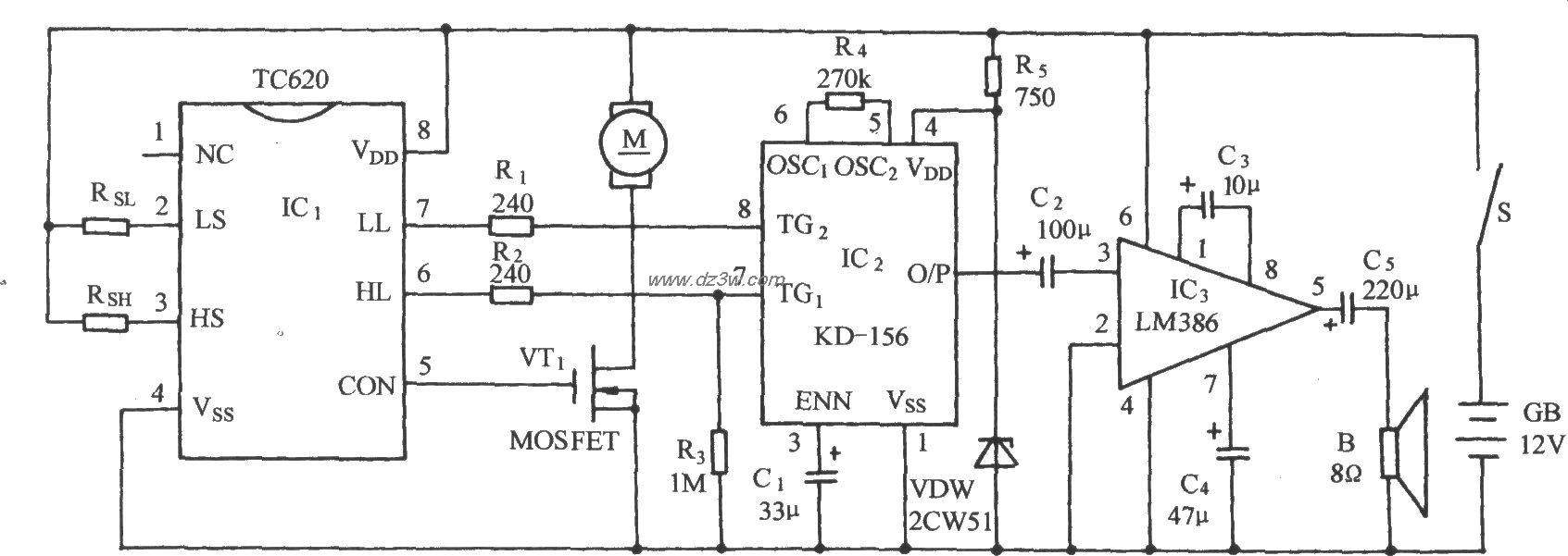 TC620温度传感通风降温自电路图