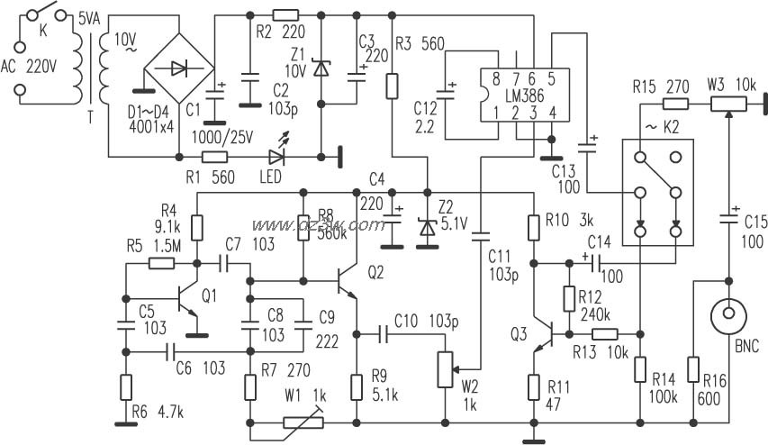 1KHz正弦波/方波信号发生电路图