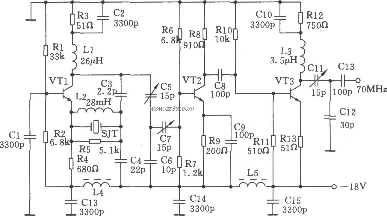 70MHz晶体振荡器电路图电路图