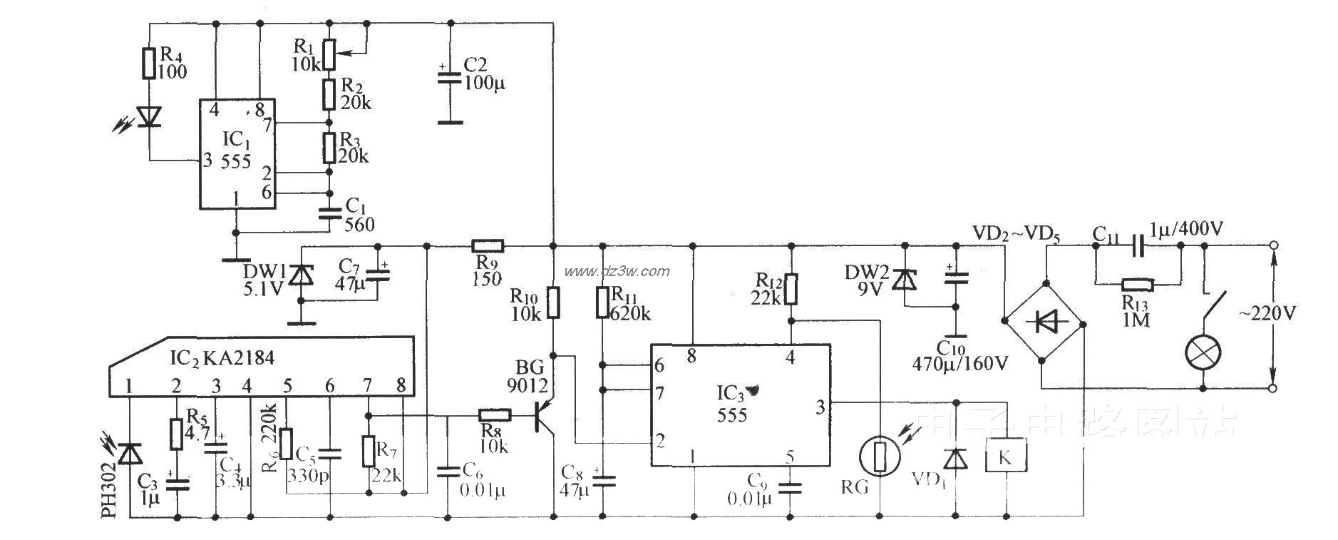 红外延时照明开关电路图