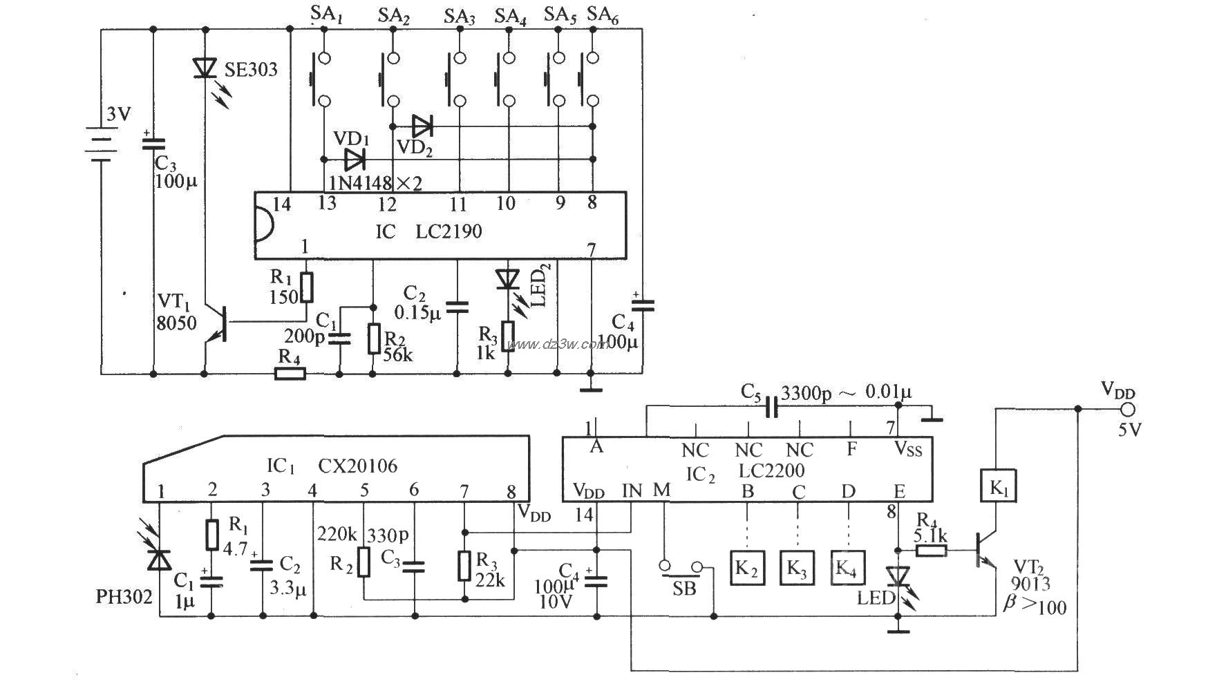 六路红外遥控电源开关电路图