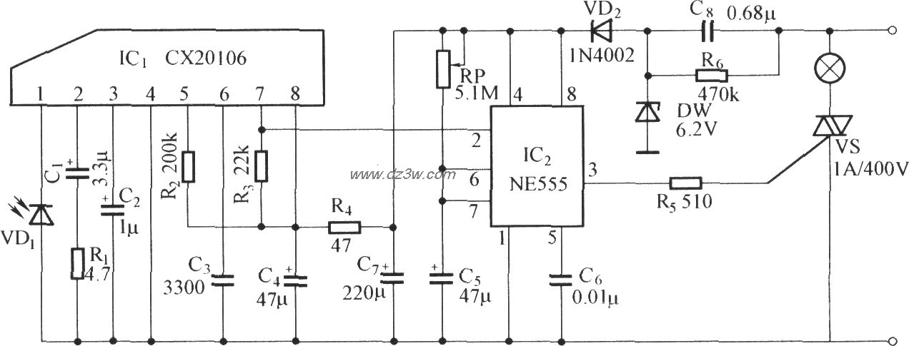 红外遥控延时灯开关电路电路图