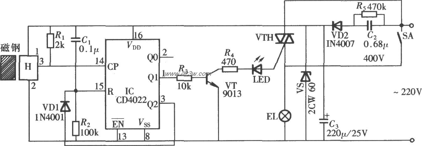 由CD4022组成的卫生间自电路图