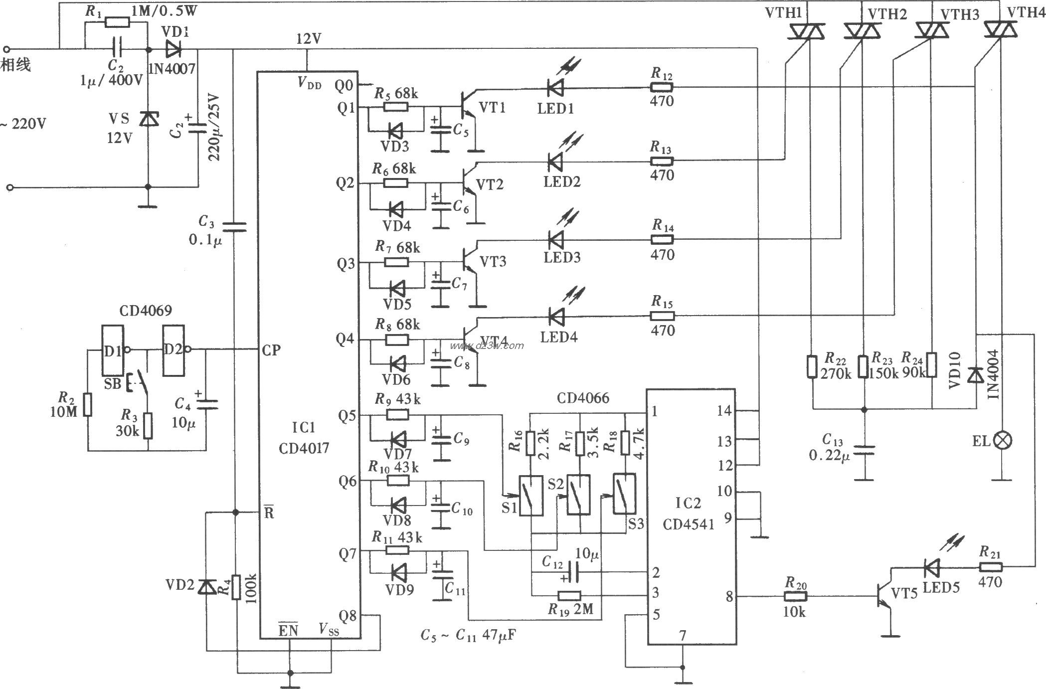 能调光和延时关灯的床头电路图