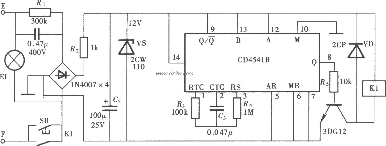 延时熄灯电路(CD4541B)电路图
