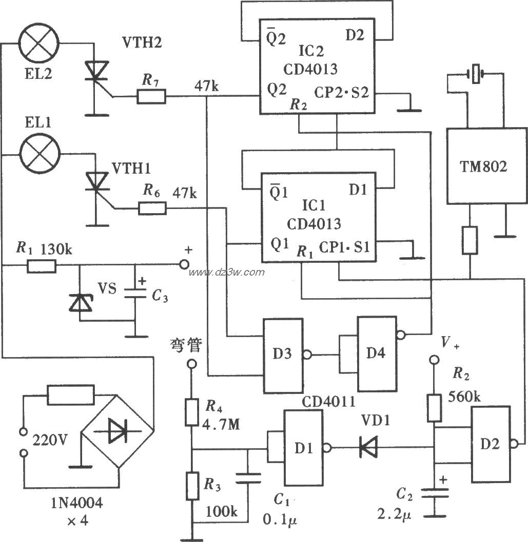用CD4013组成的触摸式床电路图