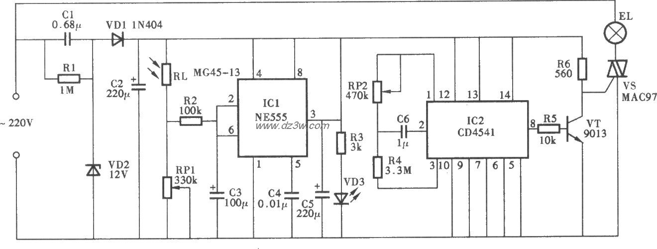光控定时照明灯电路电路图