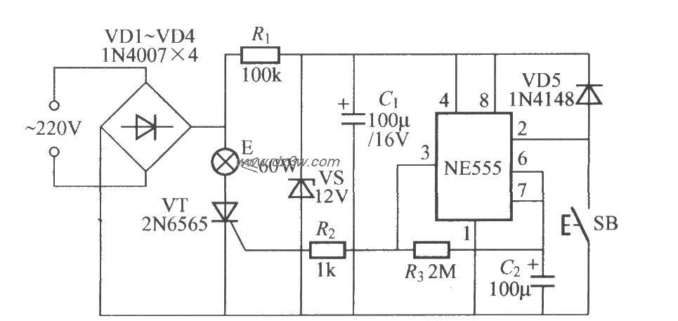 采用时基电路的延迟灯电电路图