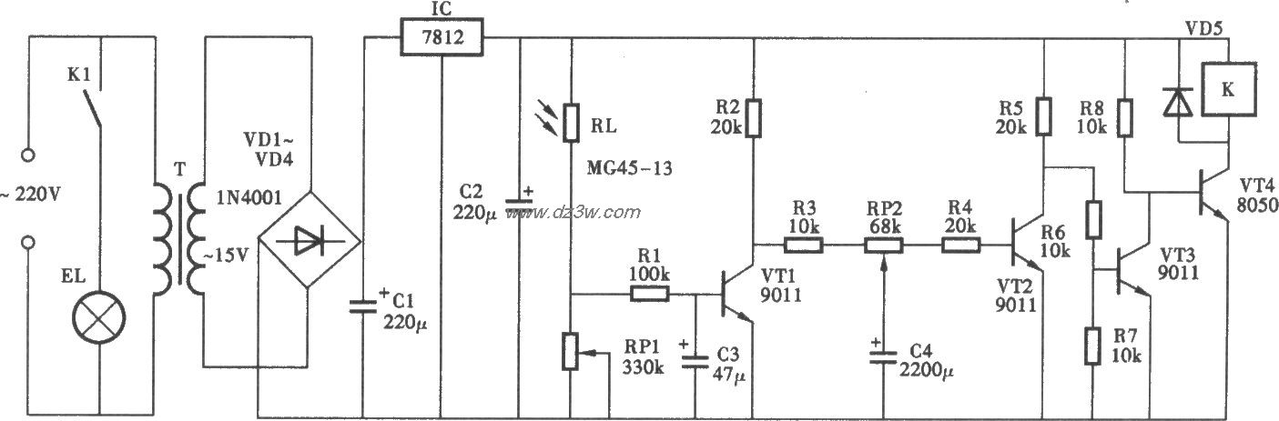 光控照明灯电路(一)电路图
