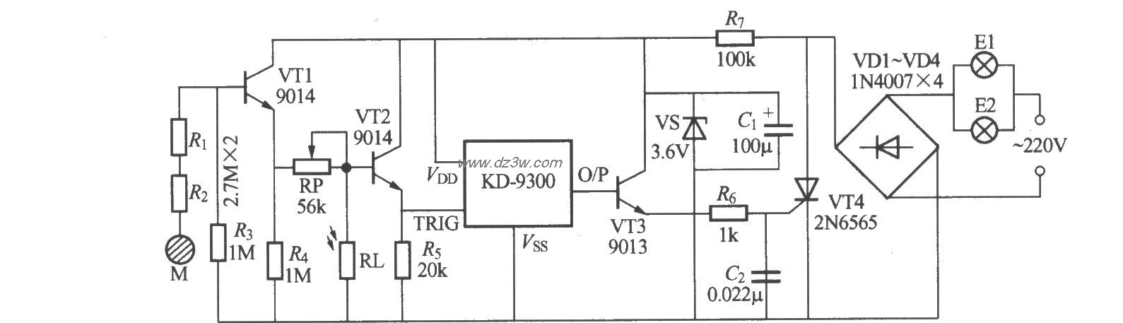 夜间门锁自动灯电路电路图