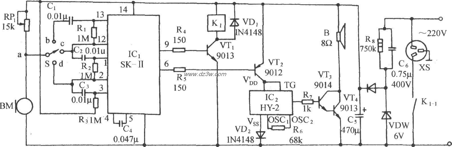 用SK-Ⅱ制作的声控音乐插电路图