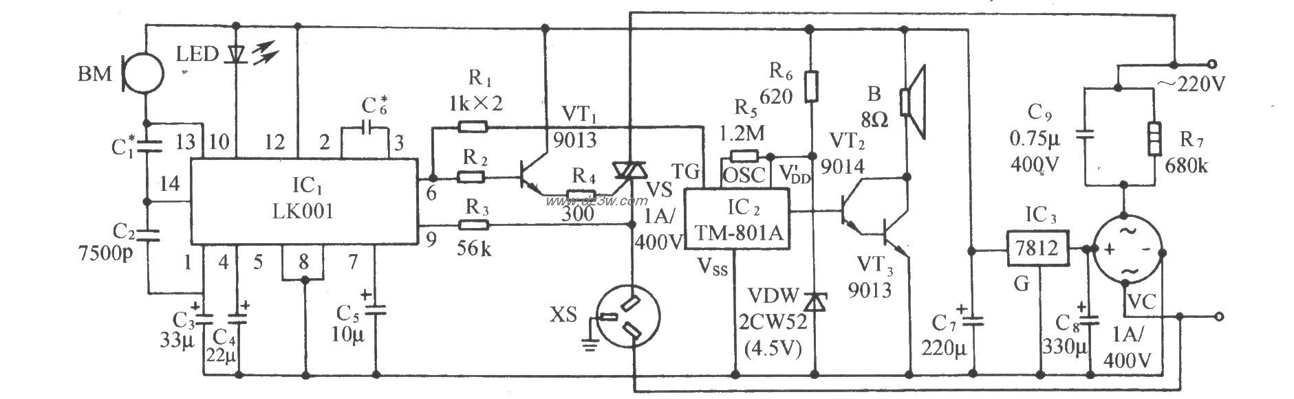 用LK001的选频声控音乐插电路图