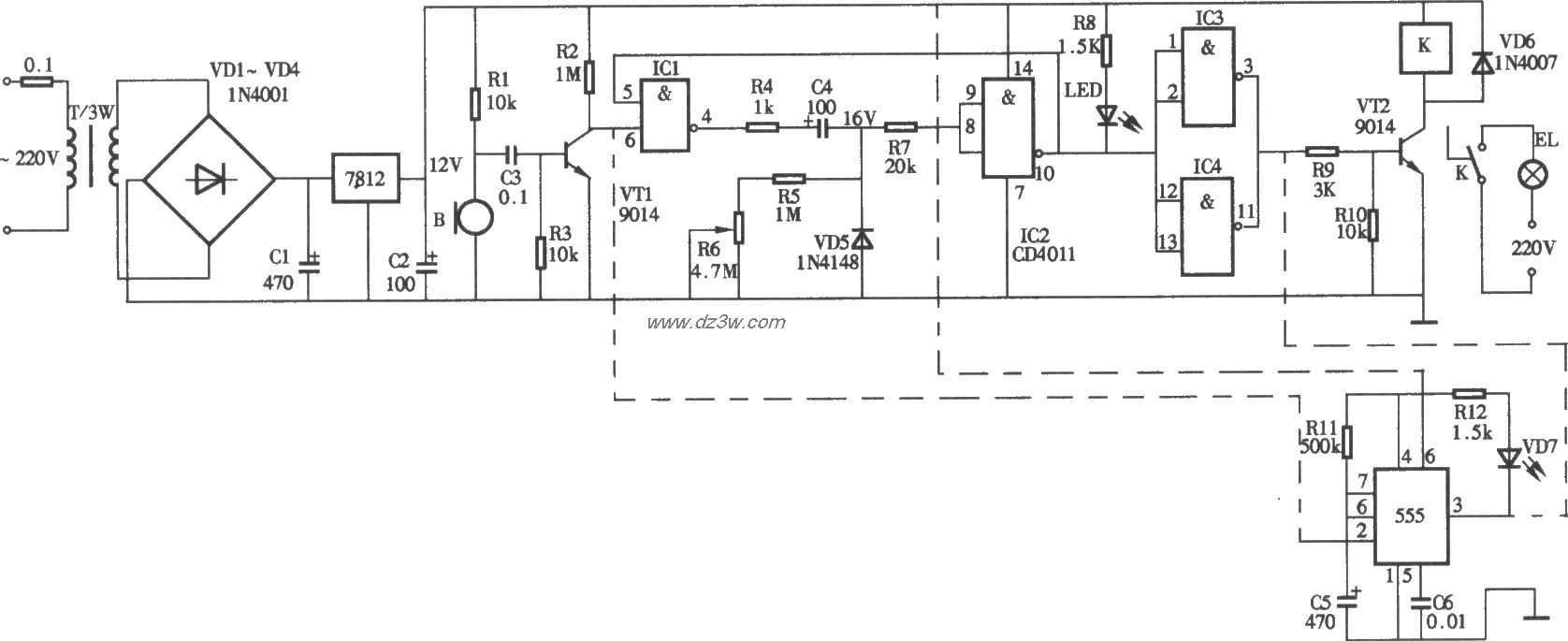 声控定时照明灯电路电路图