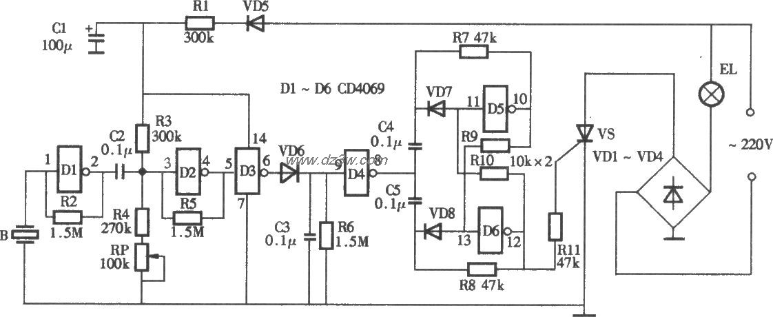 采用压电陶瓷片的声控照电路图