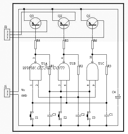 三键互锁电子开关电路电路图