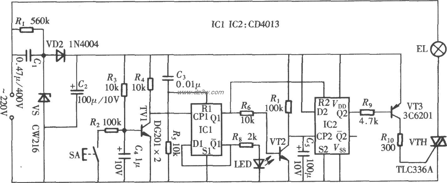 由CD4013组成的轻触式延电路图