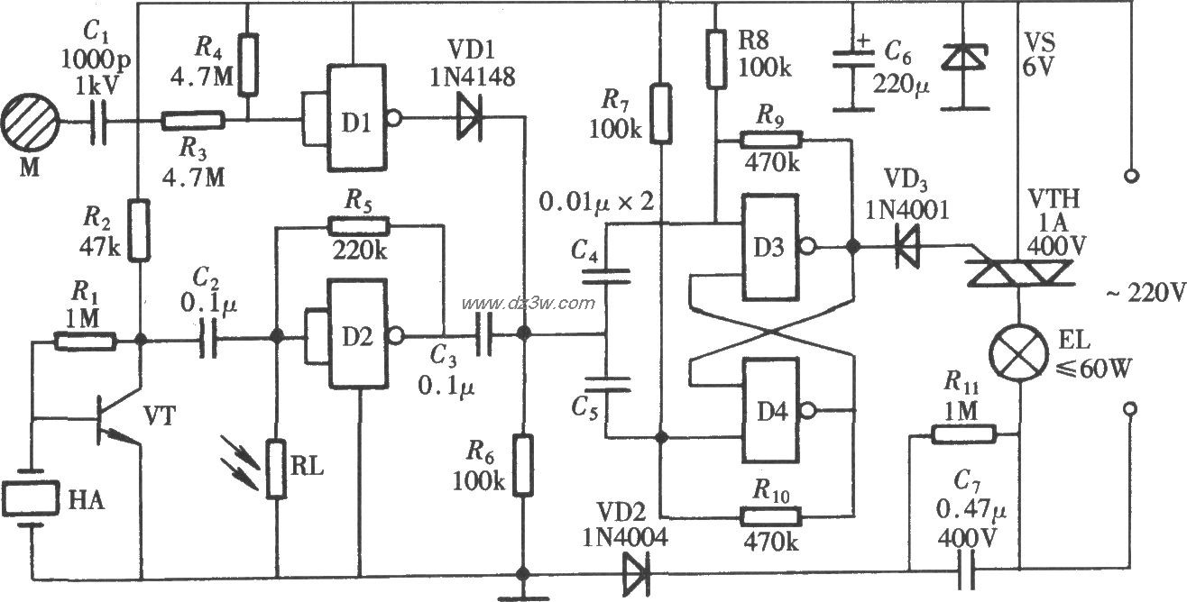 触摸声控电灯开关电路图