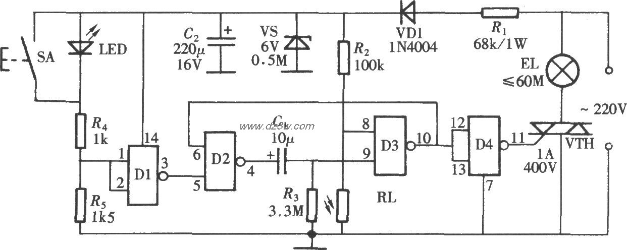 轻触式光控延时节电开关电路图