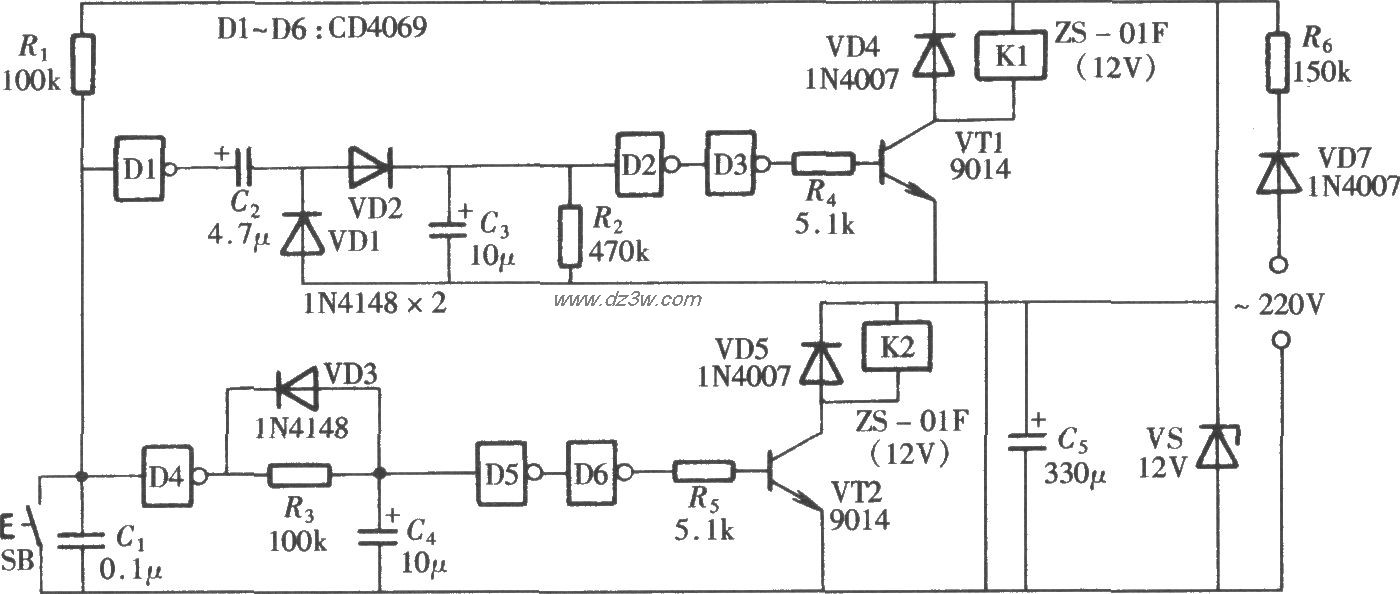 由CD4069组成的单按钮控电路图