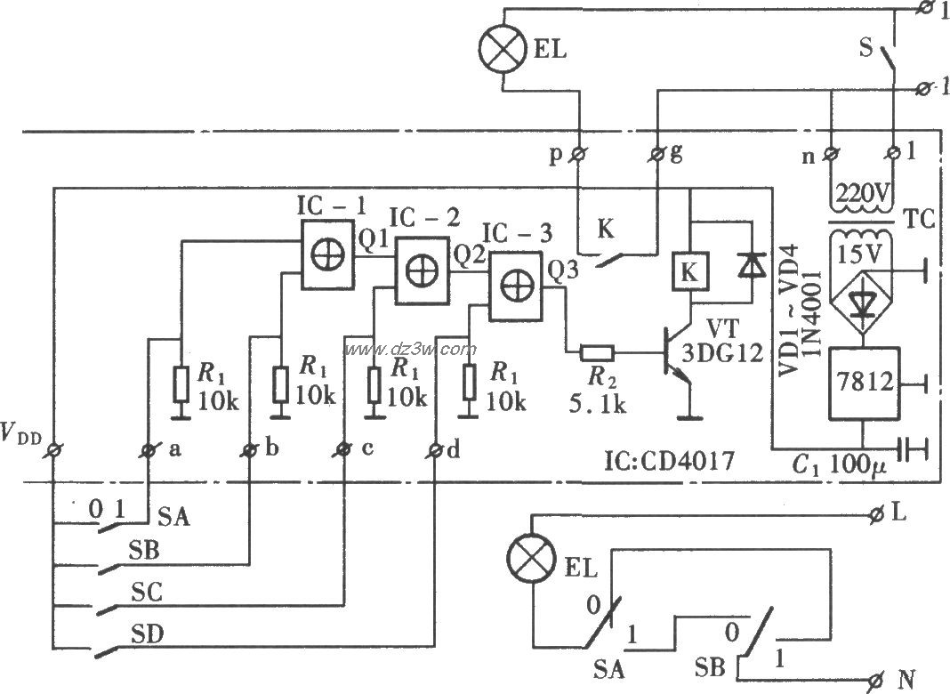 由CD4017组成的单负载多电路图