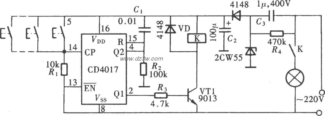用CD4017组成多地控制开电路图