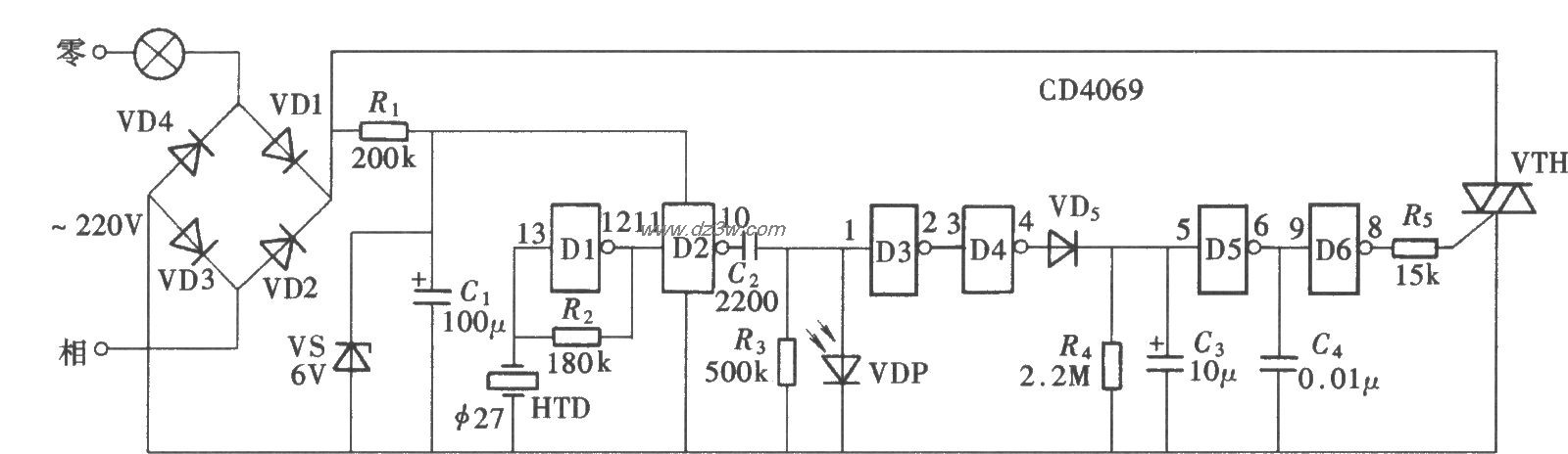 由CD4069组成的声控延时电路图