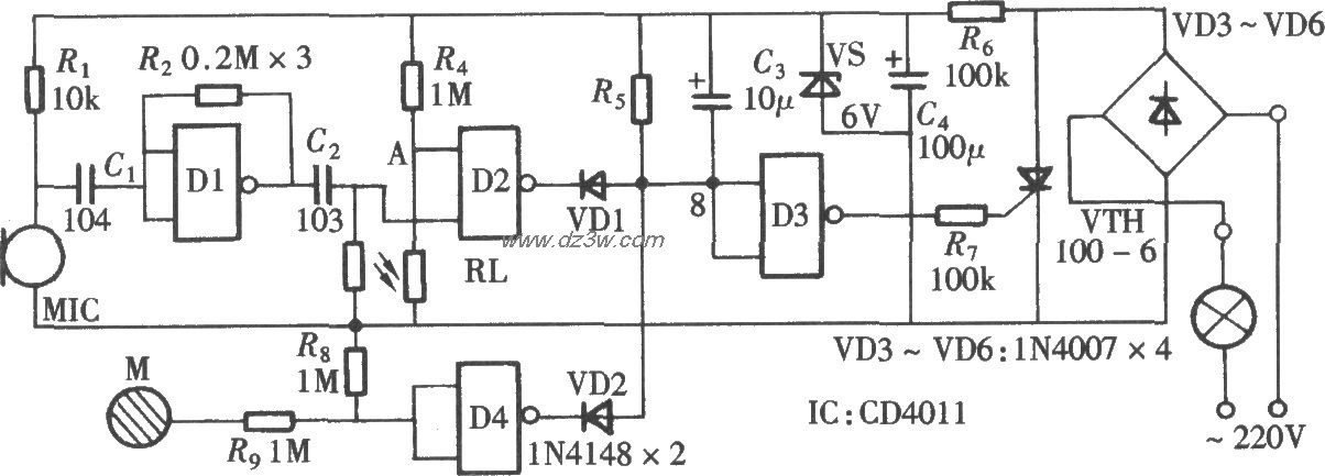 声光控触摸一体化延时节电路图