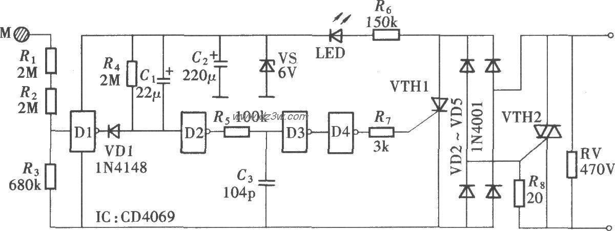 由CD4069组成的触摸式卫电路图
