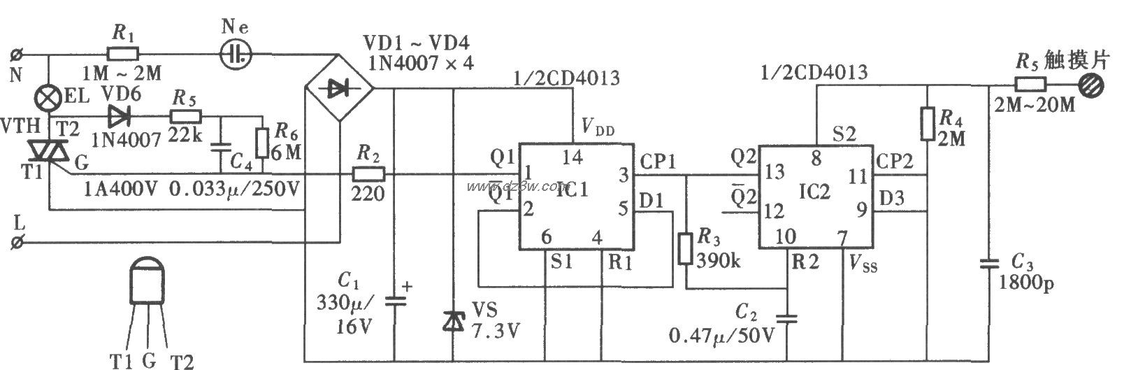 由CD4013组成的静态微功电路图